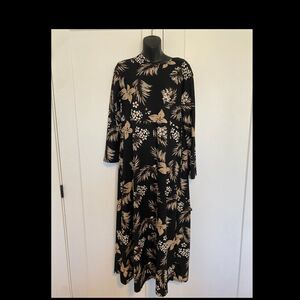 Modest Long Sleeve Maxi Dress‎ With Floral Leaf Print Women's Size 14